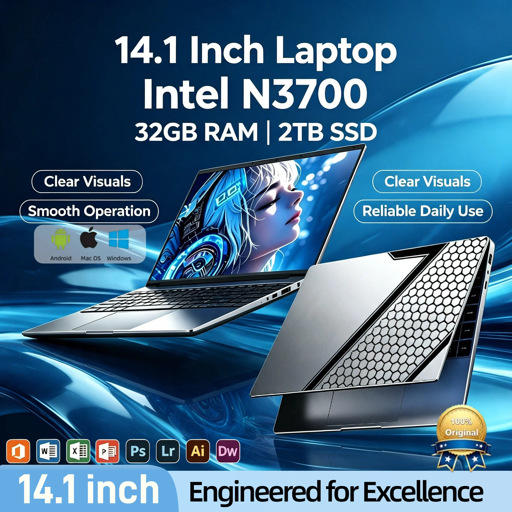 Intel N3700 14.1 Inch Laptop 4C4T 1.6GHz Base 2.4GHz Turbo 16GB RAM 2TB SSD Ultra Slim Gaming Pro High Performance Elite