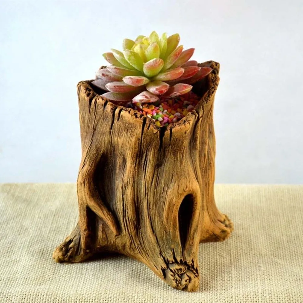Rustic Stump Log Imitation Wooden Flower Pot Irregular Tree Stump Shape Wood Grain Imitation Wood Flowerpot Home Decoration