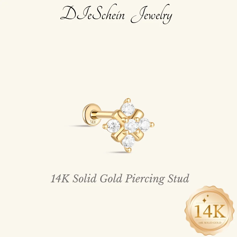 DIeSchein 14K Solid Gold Flat Back Stud Earring for Helix Tragus Daith Piercings Waterproof Gold Piercing Jewelry Dainty Earring