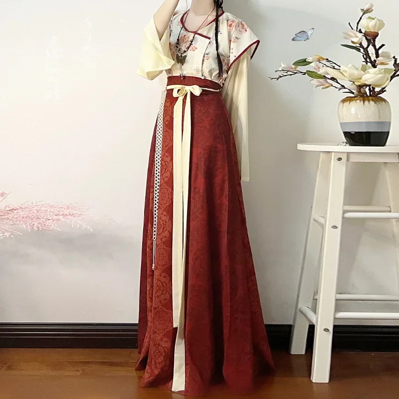 

Tang Made Pants Restored Hanfu Dress Women's Xia Tang Round Neck Waist-length Eight-broken Long Skirt Hanfu Costume