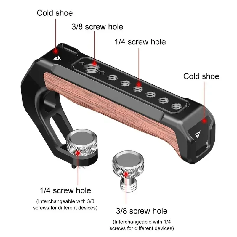 Metal Top Handle For Mirrorless Camera Cage Stabilizer Hand-held Grip with Dual Cold Shoe Bases + 1/4 & 3/8 Screw