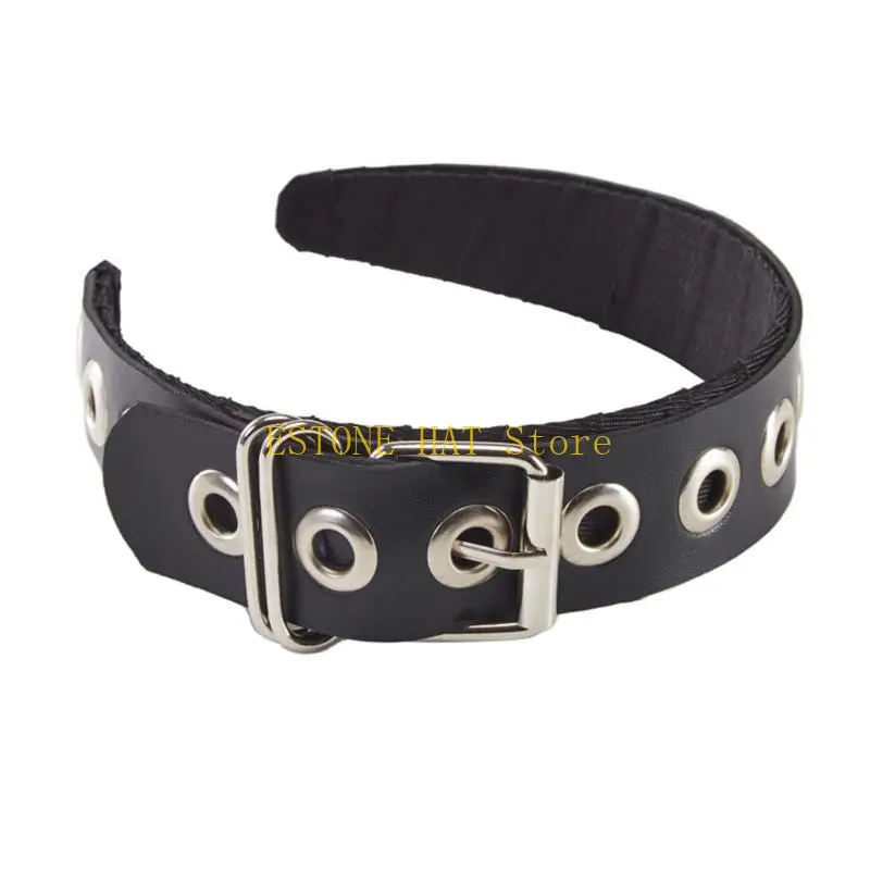 แถบคาดศีรษะ 49MF Buckle Buckle Buckle PU หนังแถบคาดศีรษะโลหะหัวเข็มขัดกอธิค Tiaras PU หนังหูฟัง