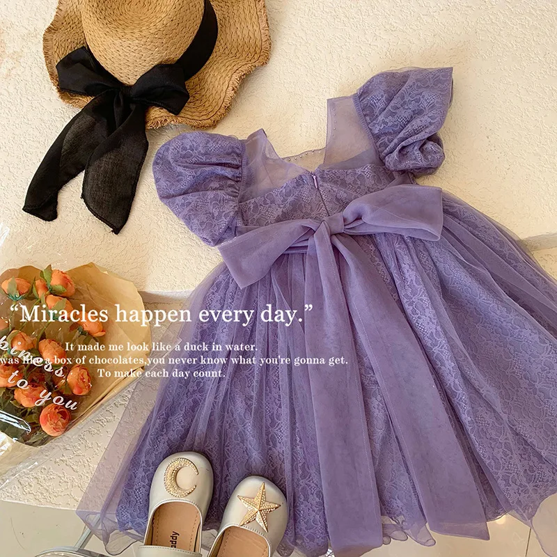 Girls Dress 2024 Summer New Childrens Princess Dress Bow Dress Purple Gentle Kids Clothes Girls Princess Clothing for Girls