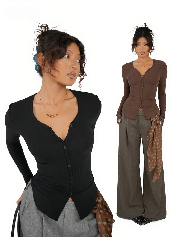 

Женская трикотажная основа Long Sve irt V-Ne Elastic Slim Fit Casual Sle из смеси хлопка из полиэстера H4S2732