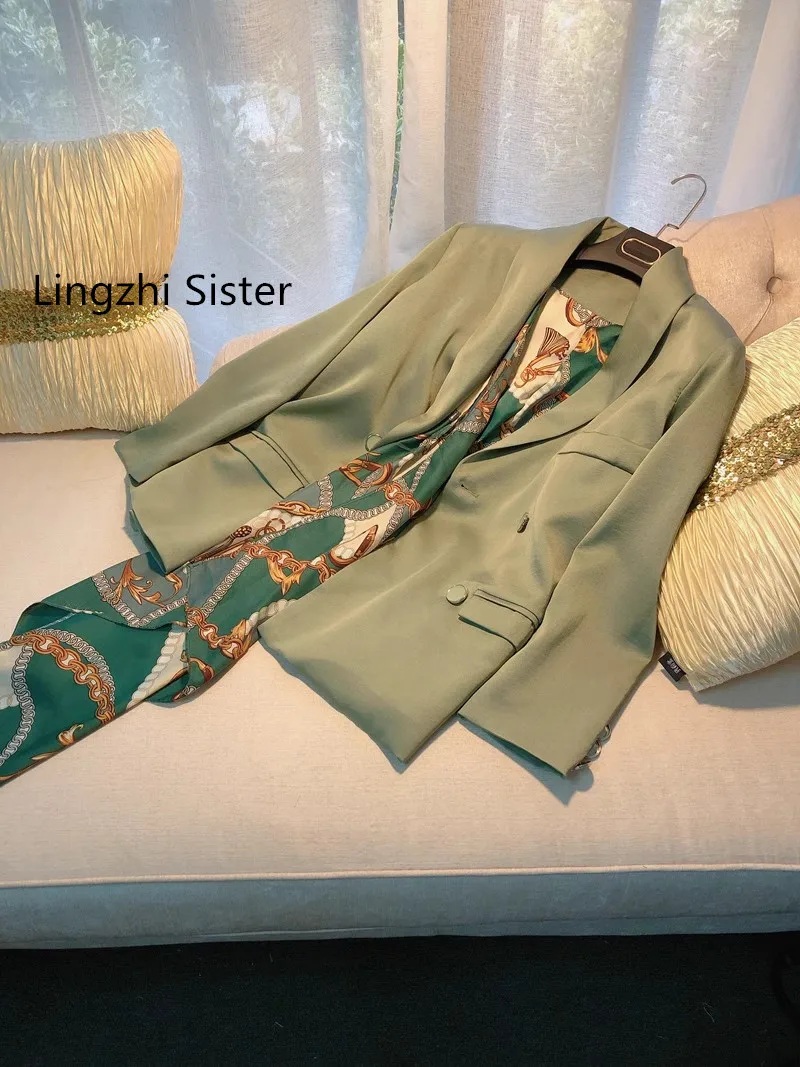 Lingzhi Sister French Vintage Ladies Elegant Coat Avocado Green Top British Casual Blazer Outerwrear Female New Arrival