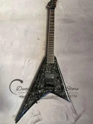 Black Electric Guitar Grey Pearl Top Solid Body Tremolo Bridge Colsed Pickups Rosewood Fretboard Shark fin Mosaic Factory Custom