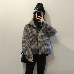 Gidyq Korean Women Houndstooth Parkas Winter Casual Female Loose Thick Warm Down Jacket Fashion Cropped Puffty Overcoat New