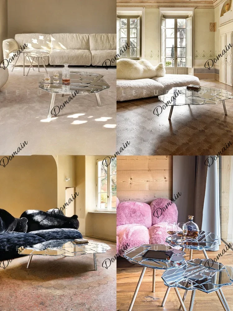 81 N Edra Style Minimalist Mirror Glass Coffee Table Modern Luxury Living Room Geometric Metal Glass Table