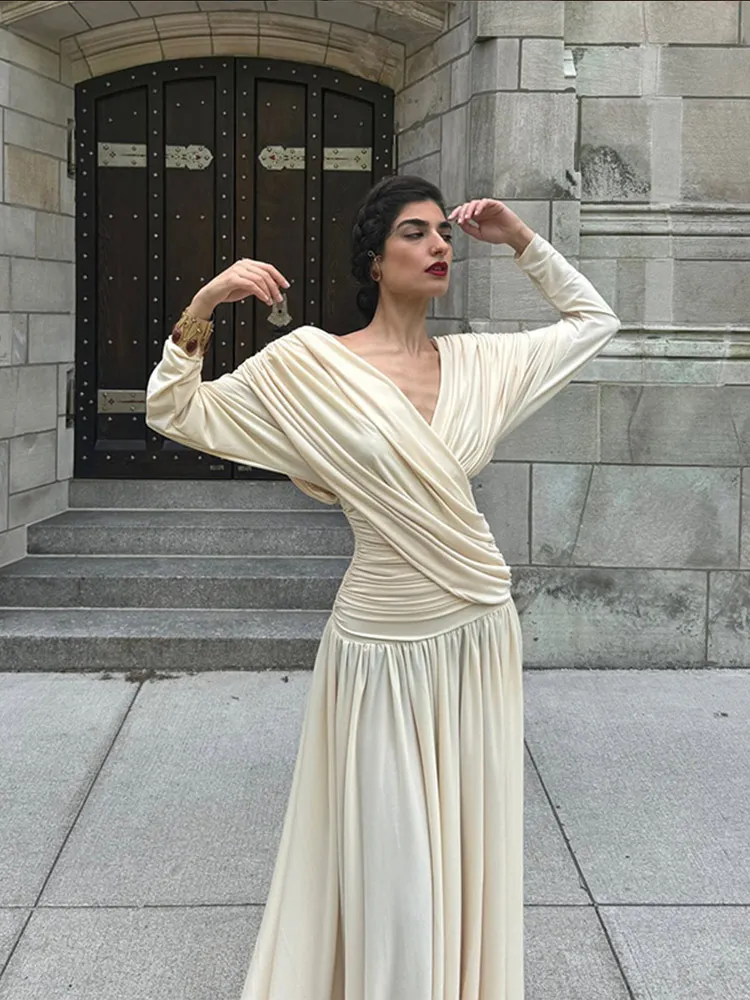 Women Fashion Solid V-neck Draped Maxi Dress Elegant Long Sleeves Backless Slim Dresses 2024 New Summer Female High Streetwear