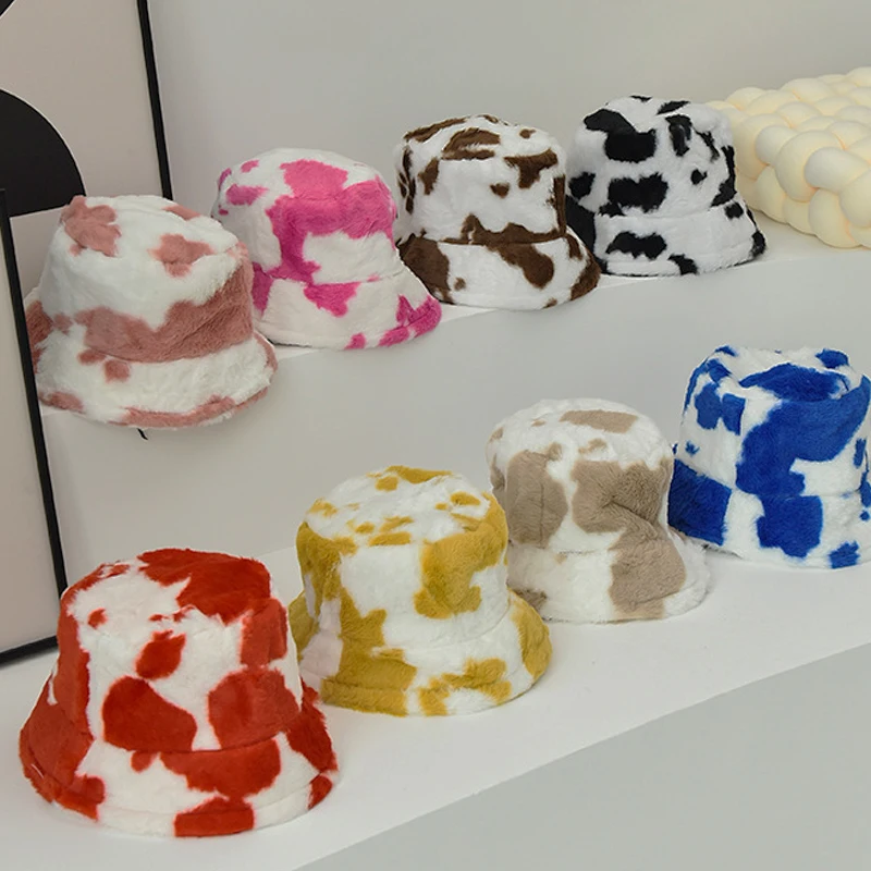 Kış peluş inek baskı kadın kova şapka kabarık Faux kürk Panama balıkçı kap açık sıcak moda kürklü kadın düz Sunbonnet