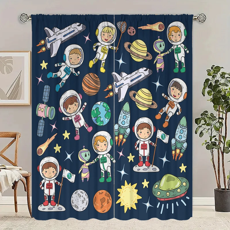 2Pcs- Cartoon Astronaut - Printed curtains, polyester fabric, bedroom curtains, living room decor, home decor