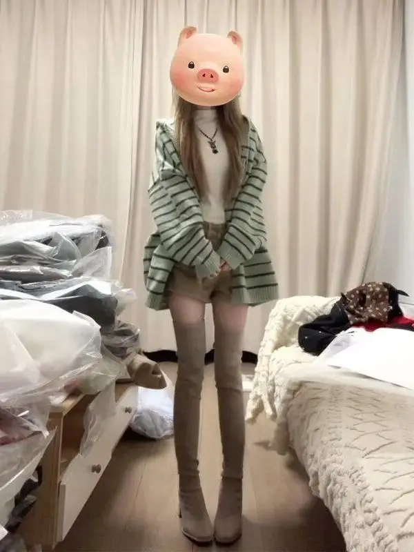 

Вязаный свитер в полоску Jaet, женский свободный крой, повседневный винтажный открытый кардиган с капюшоном, топ на осень-зиму, уличный Sle