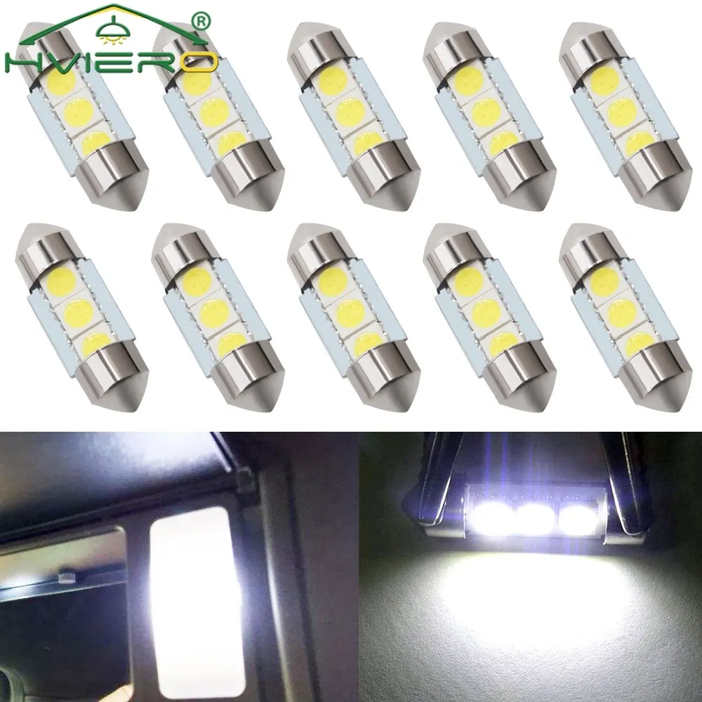 10X T10 5050 6Led DC 12v White Led 31mm 36mm 39mm 41mm C5w C10w Interior Festoon Dome Luggage Lamp Reading Bulb Door Read Light