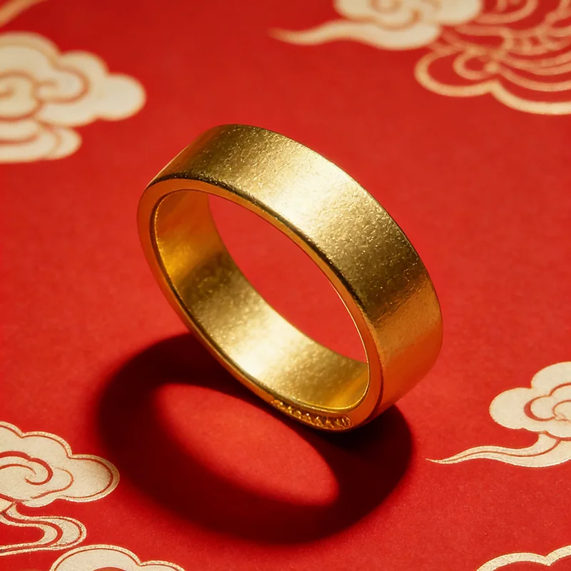 Luxury 9999 24K Solid gold ancient method wide face 6N trouble-free ring men's gold couple niche design ring