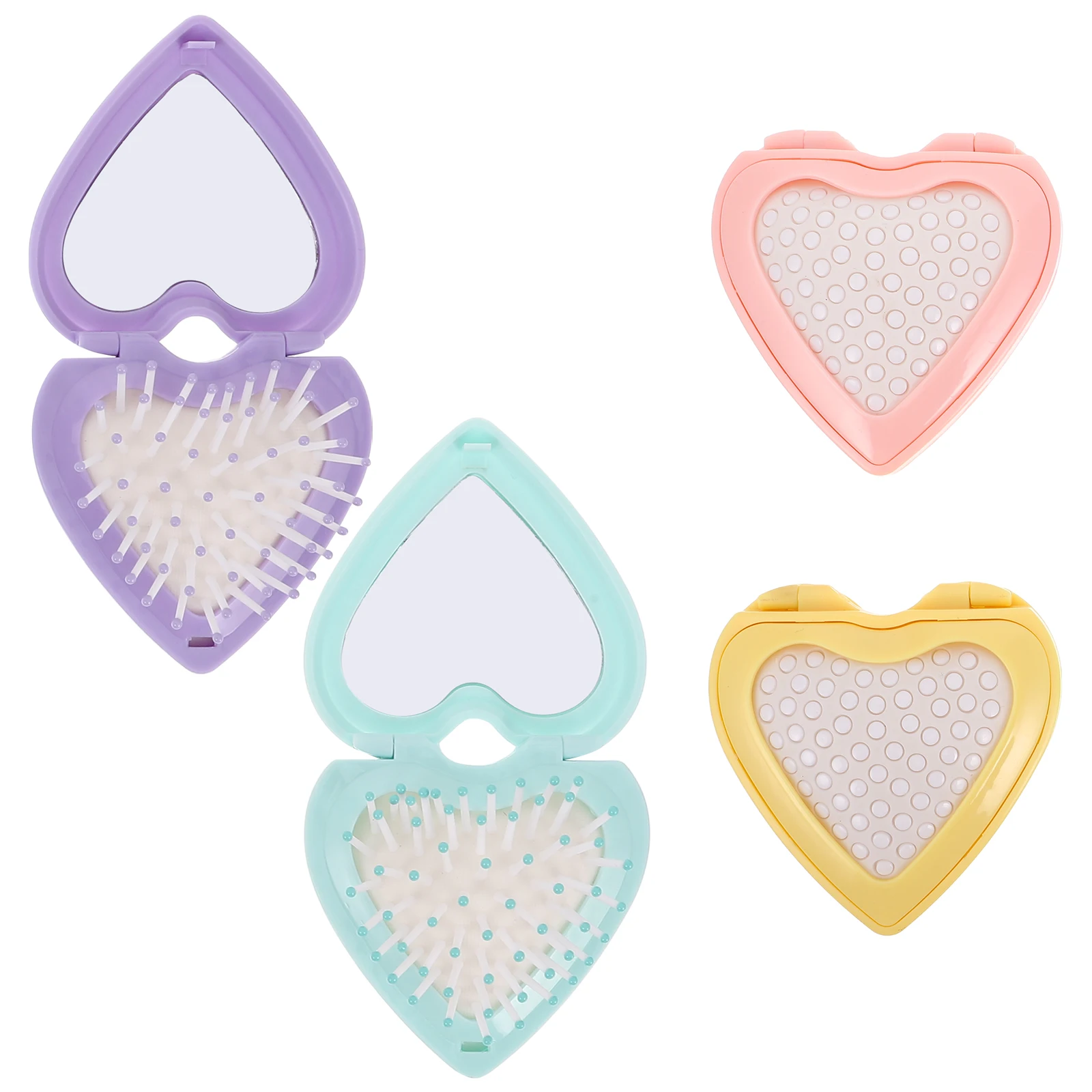 

4pcs Heart Foldable Scalp Massage Comb Hair Brush Mirror Compact Portable Travel Pink Yellow Student Gift