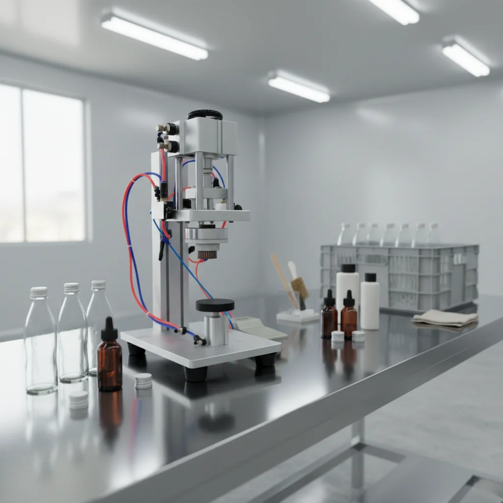 Semi-Automatic Pneumatic Perfume Bottle Capping Machine, Adjustable Height Glass Spray Pump Cap Sealing Equipment