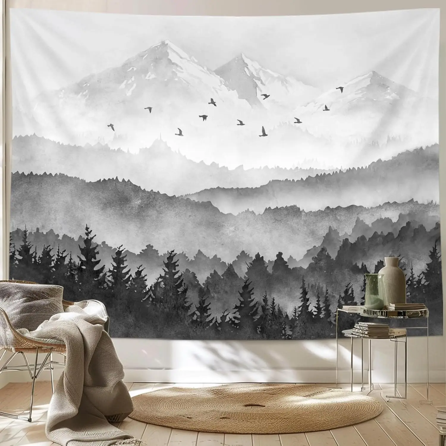 Mountain Forest Tapestry, Misty Foggy Watercolor Scenery Art Wall Tapestries, Nature Scenery Tapestry for Bedroom Living Room