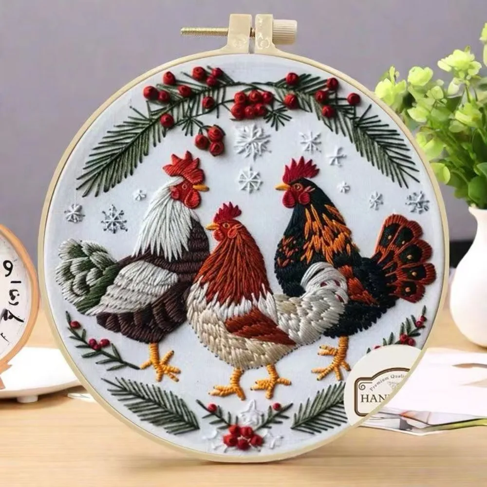 1PC of 3 rooster patterns Christmas embroidery diy handmade material package kit, beginner handmade creative embroidery mater