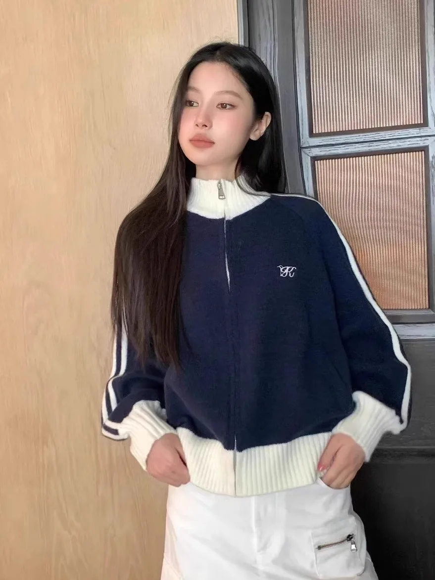 

Американский дизайн Sense Color Blo Long Sve свитер с воротником-стойкой, женское осенне-зимнее свободное вязаное пальто на молнии