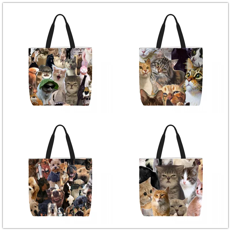 cat funny animal Handbag Printed Travel Shoulder Bag Large Capacity Women\'s Shopping Bags Strap Casual Fashion Canvas Strap