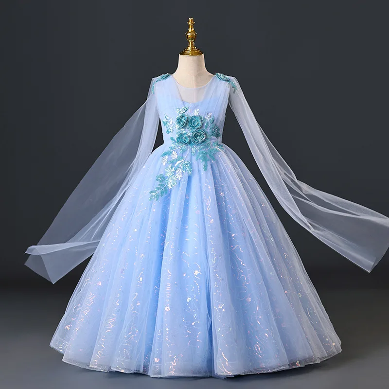 New Elegant Dress for Girls Flower Girl Long Dresses Tulle Formal Party Clothes From 4 to 12 Years