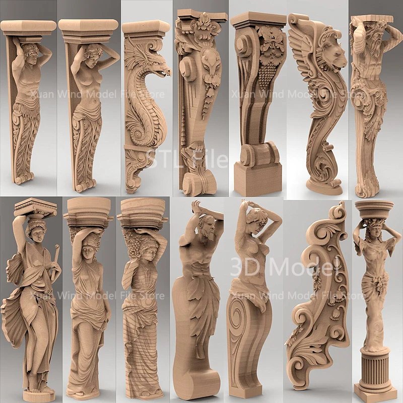 Decor Leg Column Set STL 3d Model Man and Woman Statue Art Gthic for CNC Router Engraver Carving Machine Relief Artcam Aspire