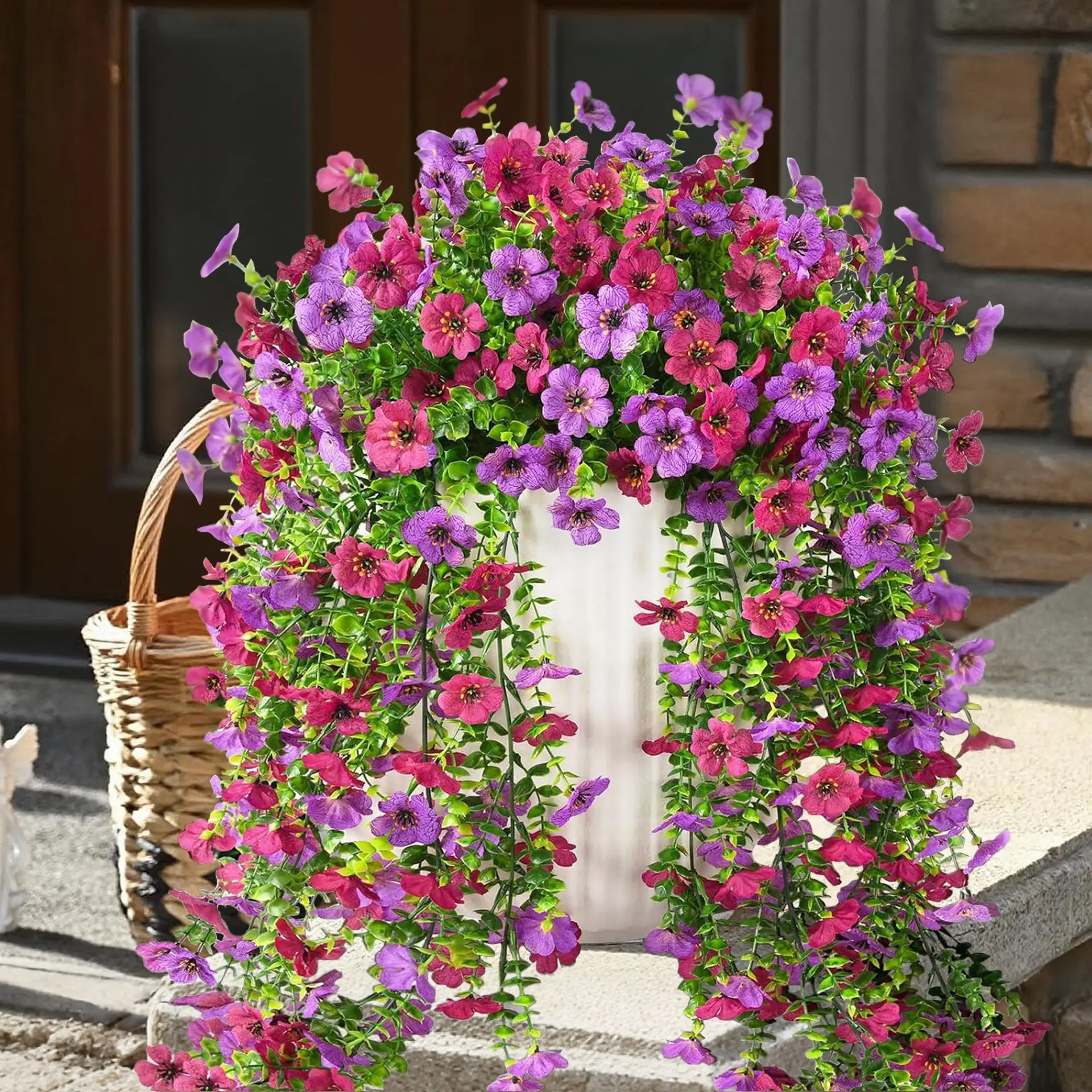 

Artificial Fake Hanging Flowers Plants for Outdoor, Spring Summer Faux Petunias with Eucalyptus Leaves,Look Real