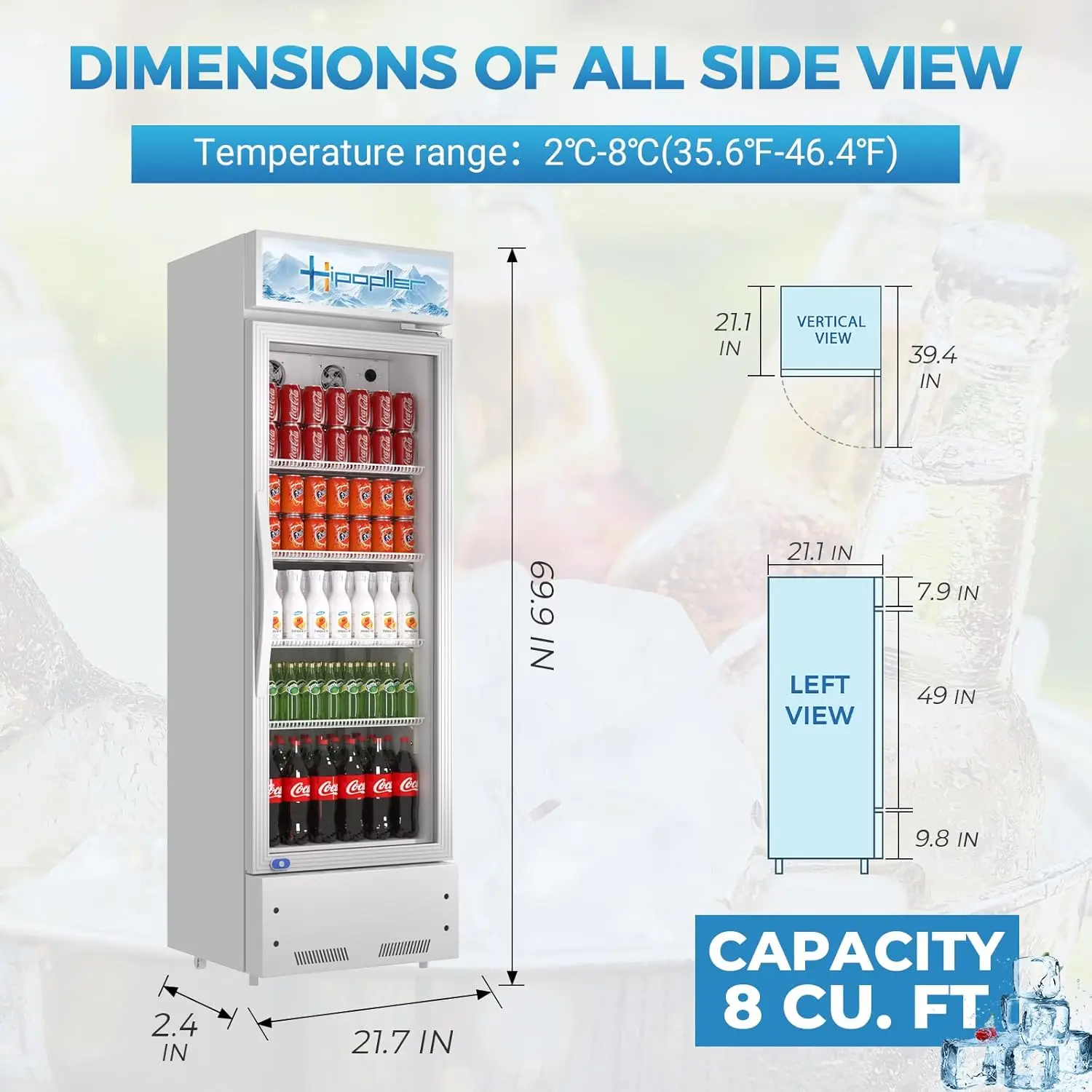 Refrigerator Glass Door Upright Merchandiser Fridge with Lightbox LED Lightning, Beverage Cooler for Home Restaurant Office Groc