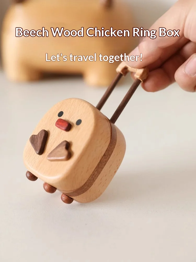 Jewelry Box Cute Cartoon Chick Beech Wood Travel Suitcase Shaped Ring Necklace Storage Desktop Organizer Wedding Gift