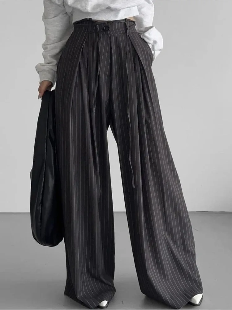 Street Striped Trousers Loose Drapey Spring Casual Pocket Suit Pants Lace-up High-waisted Trousers For Women Pantalones De Mujer