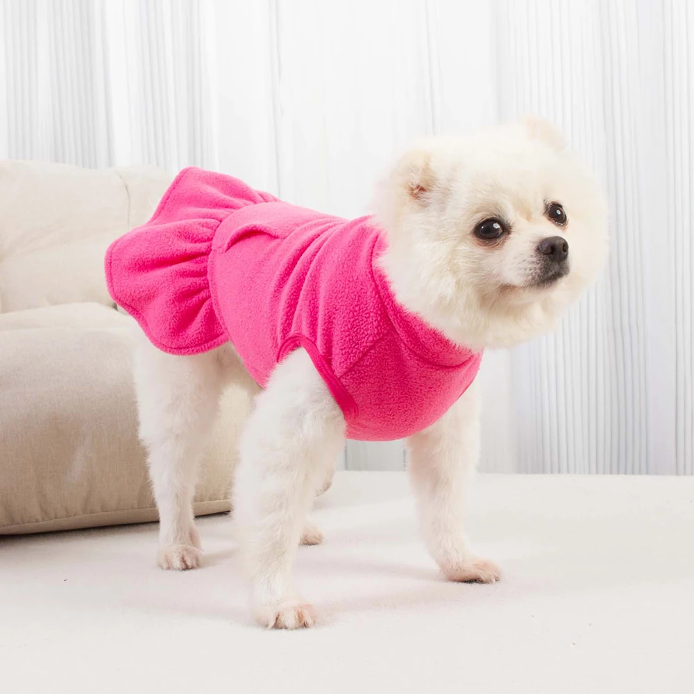 Pure Color Cute Traction Dog Skirt Antumn Winter Warm Pet Clothes High Collar Pullover Puppy Princess Dress For Small Dogs