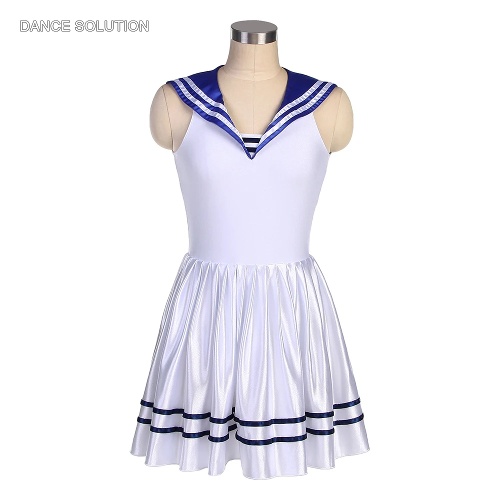 Child Adult New Dance Costume White Navy Style Ballet Tutu Dress Spandex Leotard Bodice with Pleated Skirt Party Dress 23013