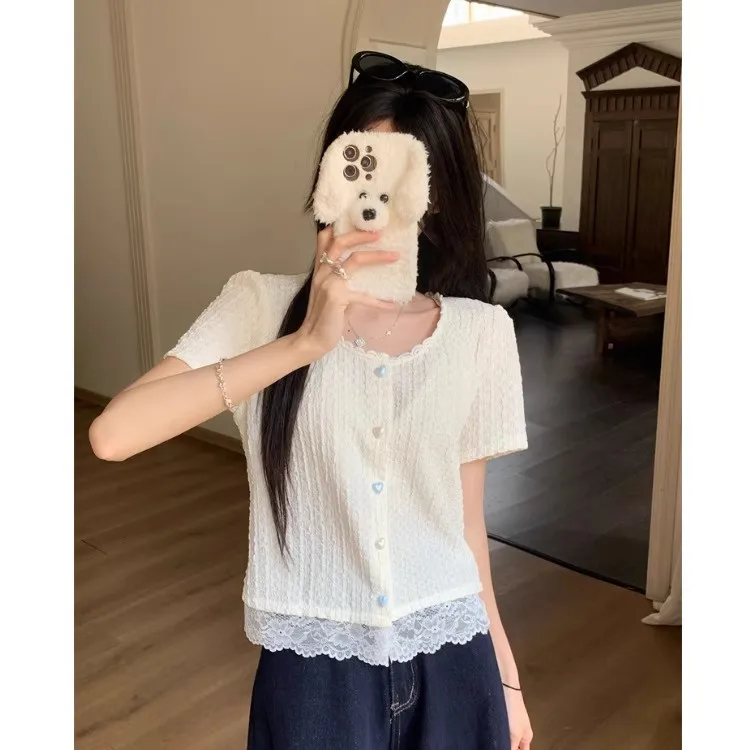 Sweet Lace Trim ort Sve irt Women's Sle Slim Fit Korean Faion round Ne ort Length Pure Color Button Detail