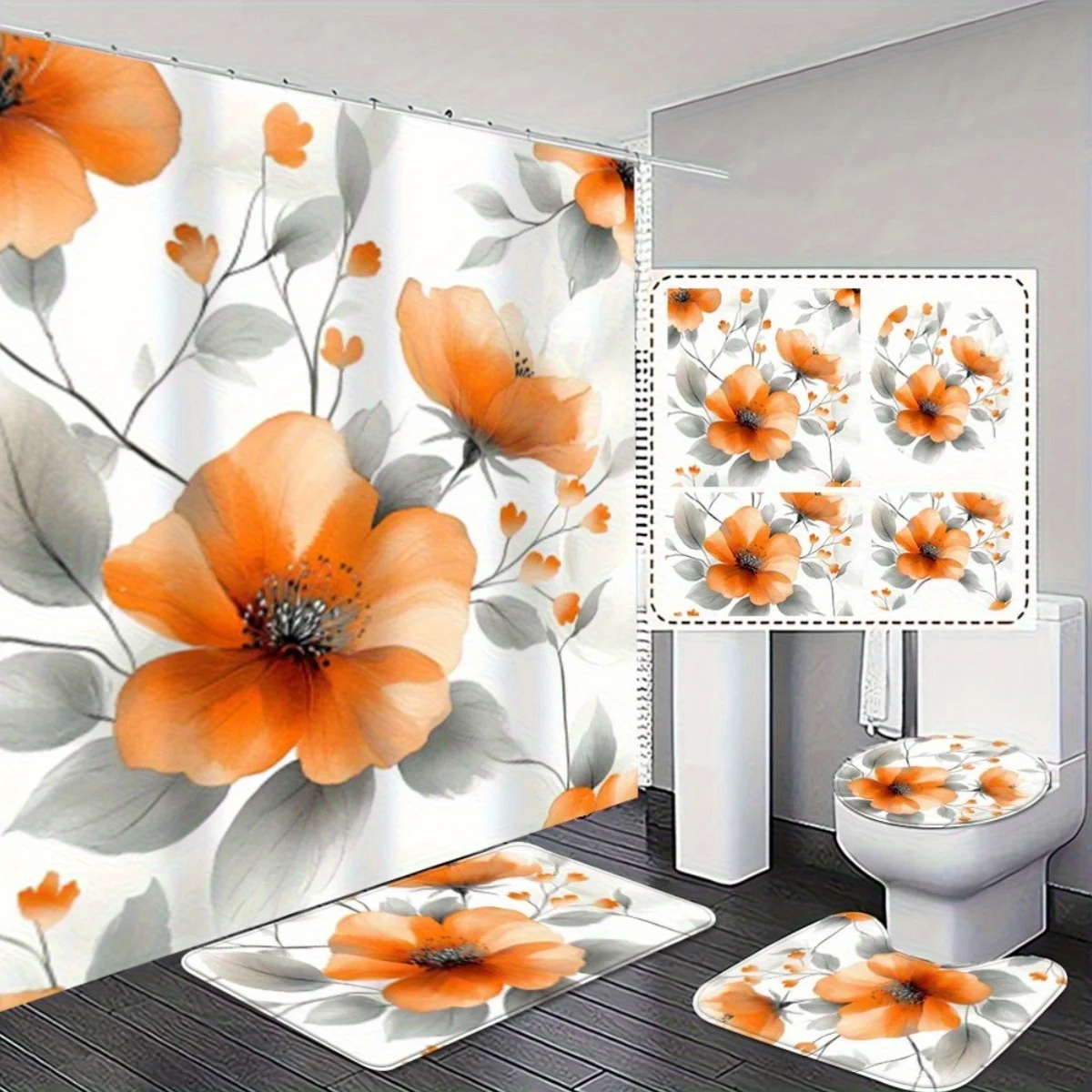 

4 шт. теплые и удобные оранжевые цветочные занавески для душа с нескользящим ковриком для ванной и крышкой для унитаза - Декор для ванной комнаты