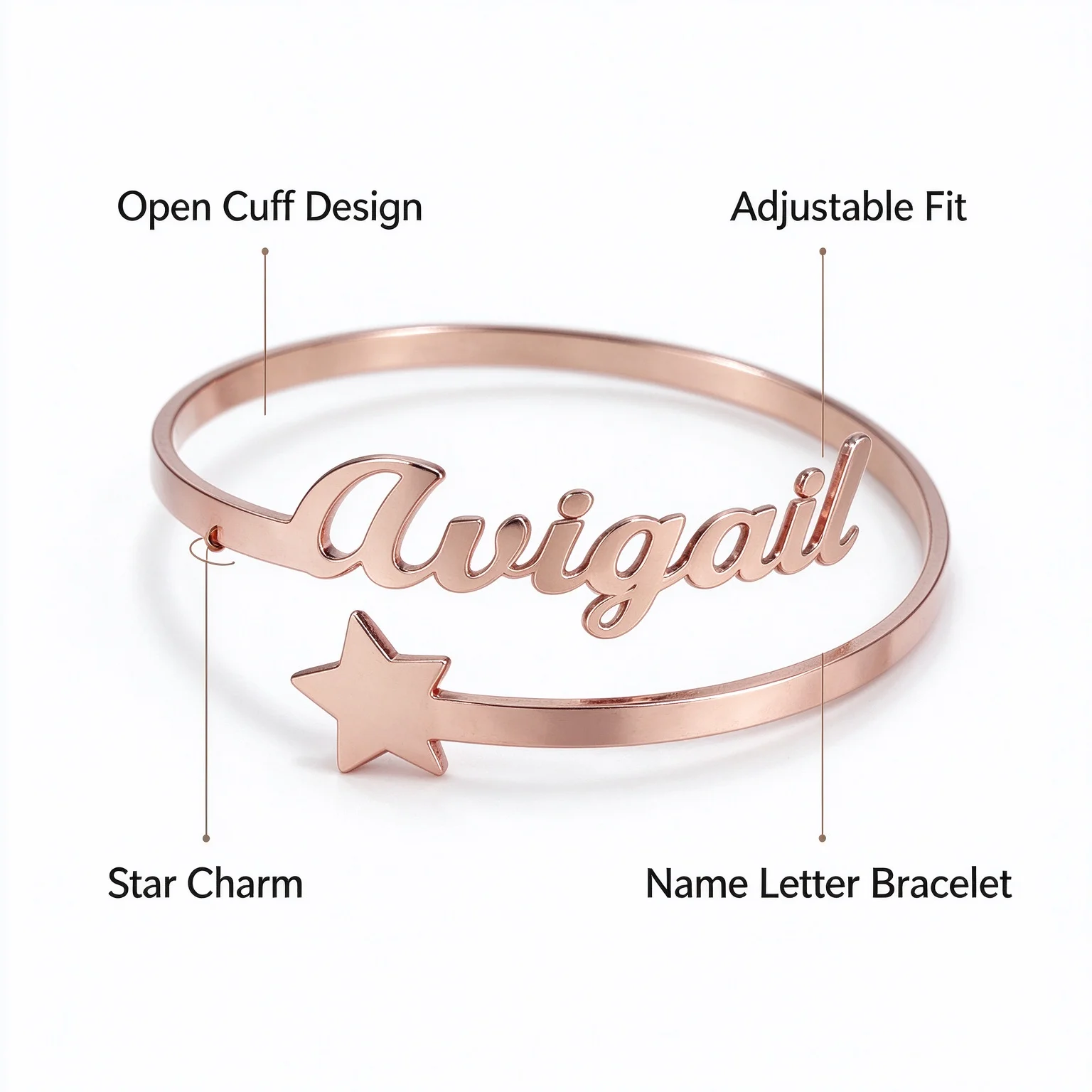 Adjustable Open Cuff Bangle Bracelet with Star Detail Personalized Name Letter Fashion Metal Wristband for Women And Girls Birth