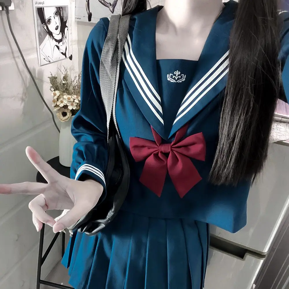 Japan Genuine School Uniform Girls Plus Size Blue Jk Suit Red Tie Basic Sailor Uniform Women Long Sleeve Suit