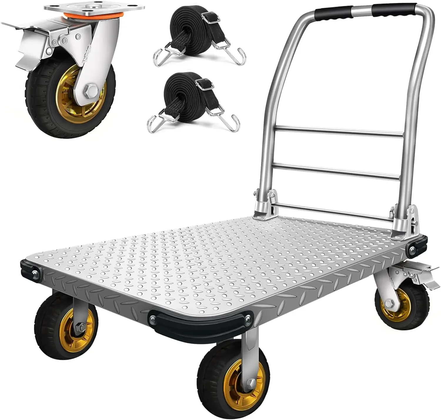 

Truck Flatbed Cart Heavy Duty Steel Foldable Push Dolly with 2000Lbs Capacity and Bungee Cords,36x24with Brake