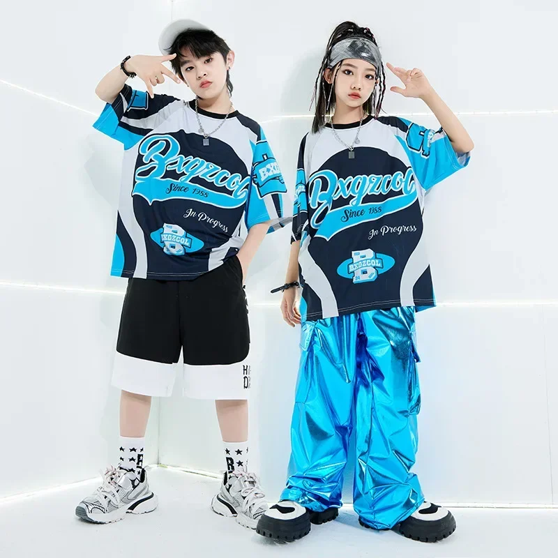 Girls Blue T Shirt Loose Pants Suit Boys Hip Hop Rave Clothes Sets Fashion Jazz Modern Dance Performance Stage Costumes