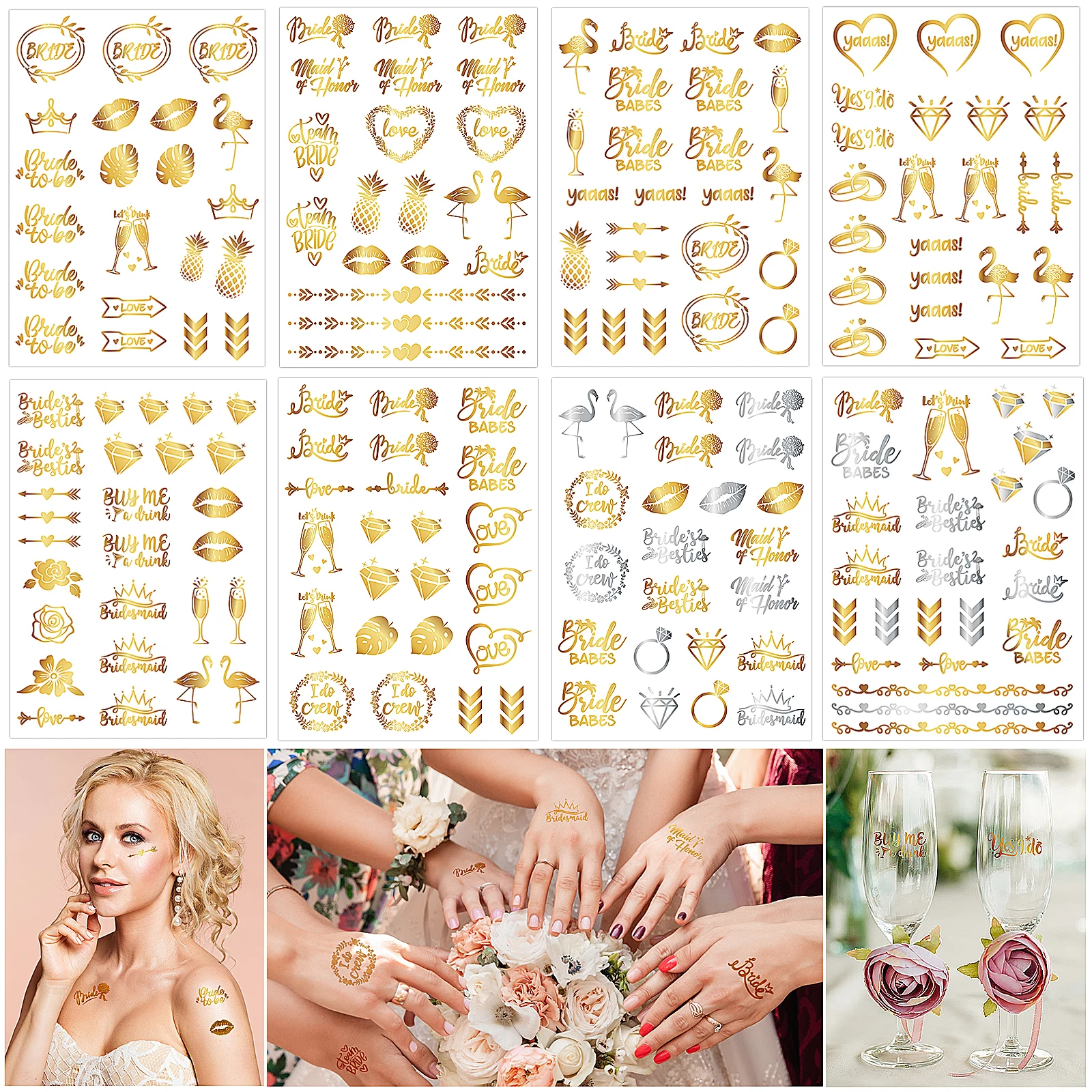 

8 Sheets Temporary Tattoos Durable Waterproof Gold Body Art Stickers for Wedding Concert Occasions