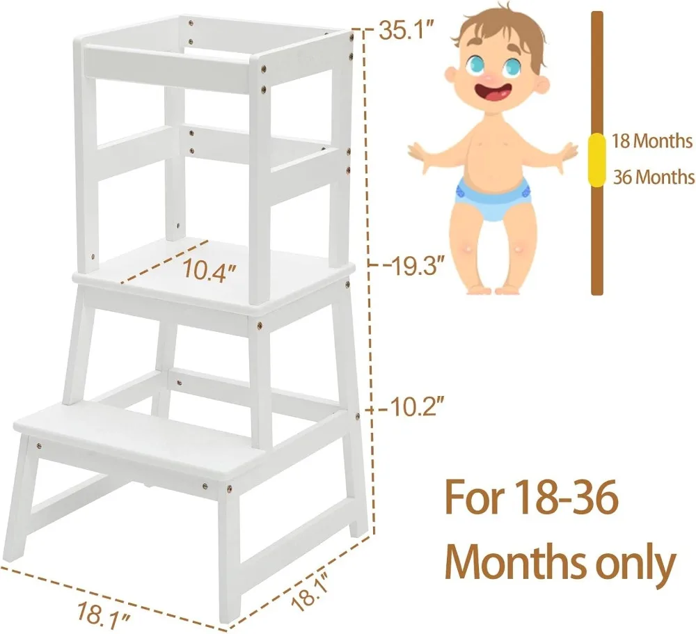 Escabeau de cuisine pour enfants avec rail de sécurité, construction en bois massif, tabouret d'apprentissage pour tout-petits, blanc