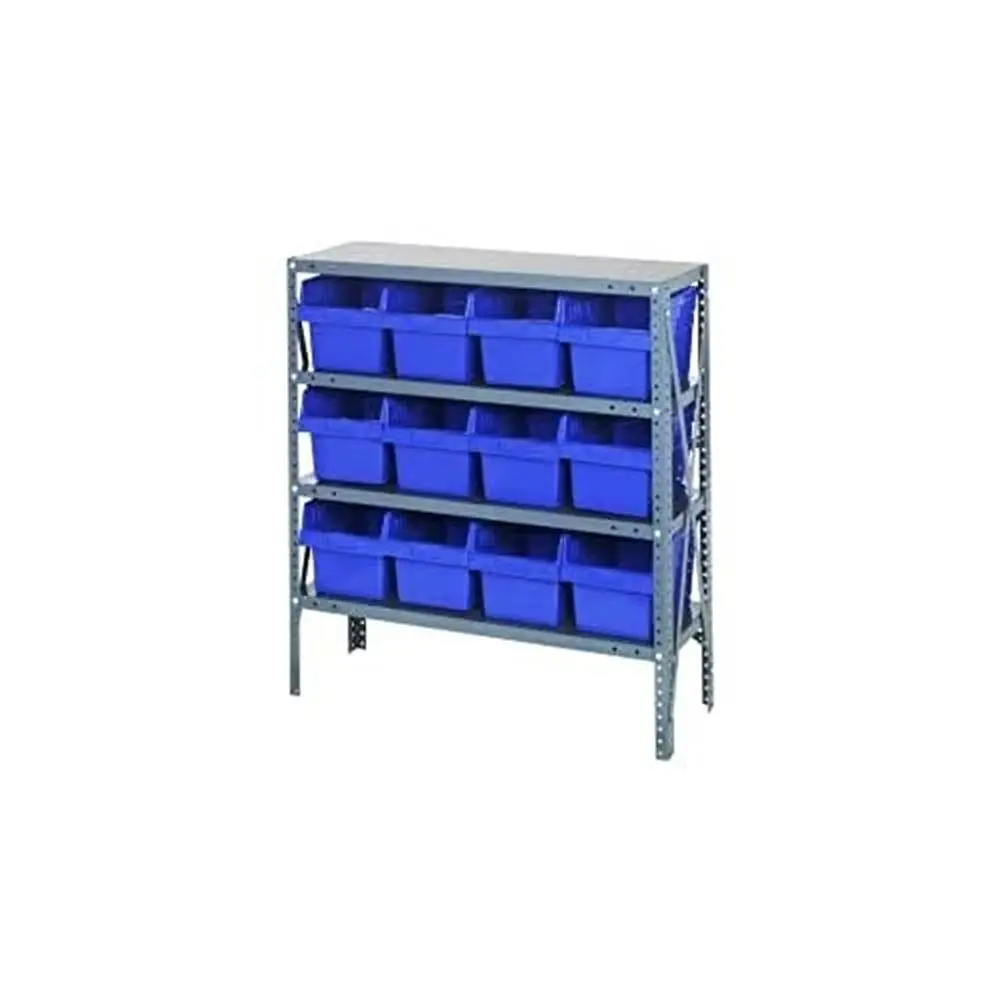 

Galvanized Steel Heavy Duty Shelving Unit with 4 Shelves and 12 Red Bins Warehouse Storage Solution