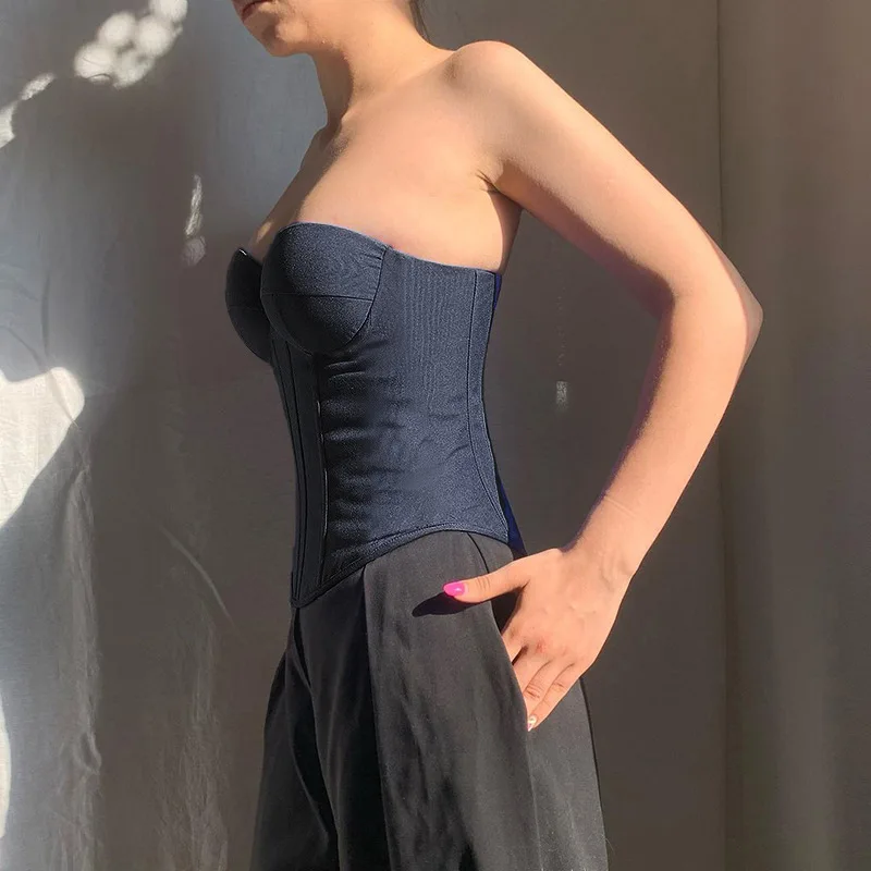 Pure Desire Style American Strapless Top Fishbone Waist Cinching Tight Retro Sexy Hot Girl Fashion Top