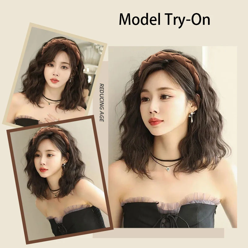 12 นิ้วแถบคาดศีรษะวิกผมสังเคราะห์วิกผมหยิกสั้นปุย Wavy Hair Extension อุปกรณ์เสริมผมปลอมชิ้นผมสําหรับผู้หญิง