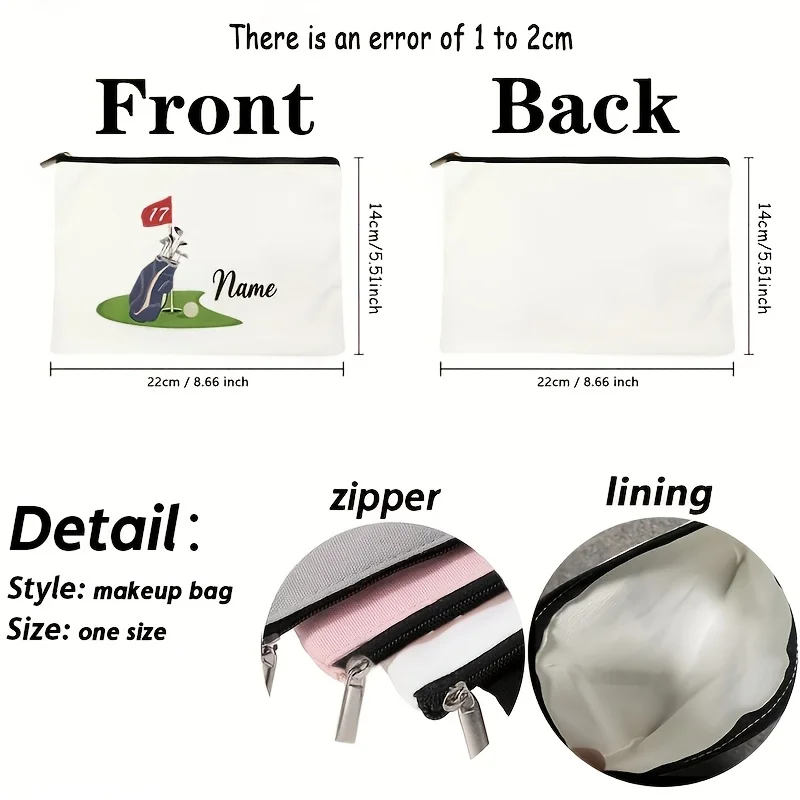 Personalized Golf Pattern for Makeup Bag, Travel Toilet Storage Bag, Cosmetic Pouch for Makeup Lightweight Case Custom Namebag,