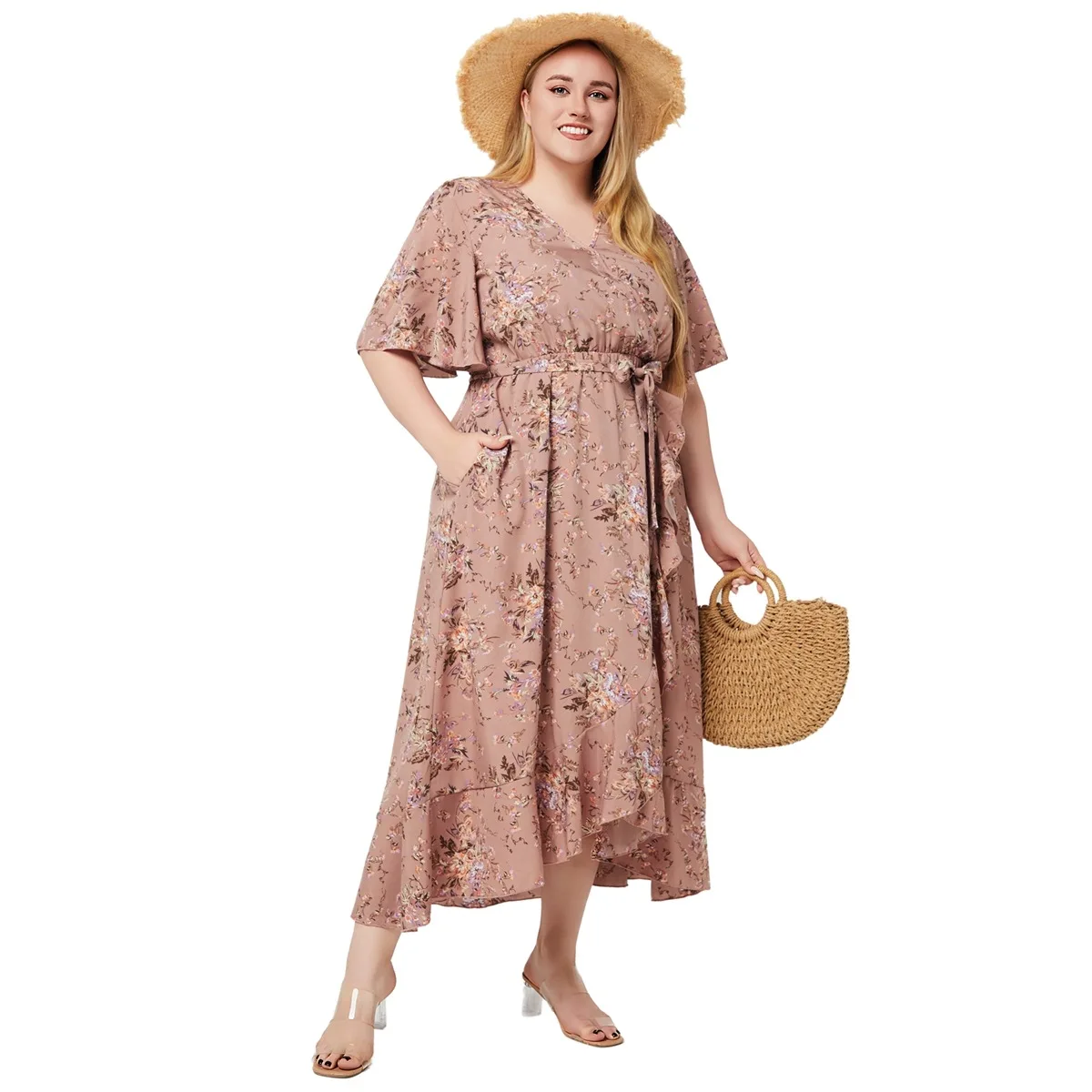 Vestido feminino manga curta com babados com borda midi estampado, roupas de verão, roupas tamanho grande, vestido casual de férias