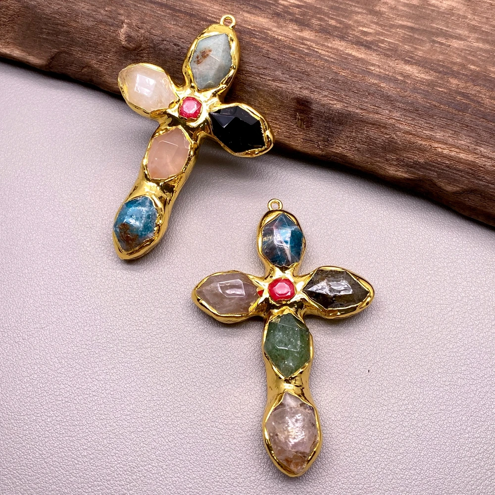 3 Pcs Multi Gemstone Apatite Labradorite Aventurine Amazonite Crucifix Charm Pendant For DIY Making