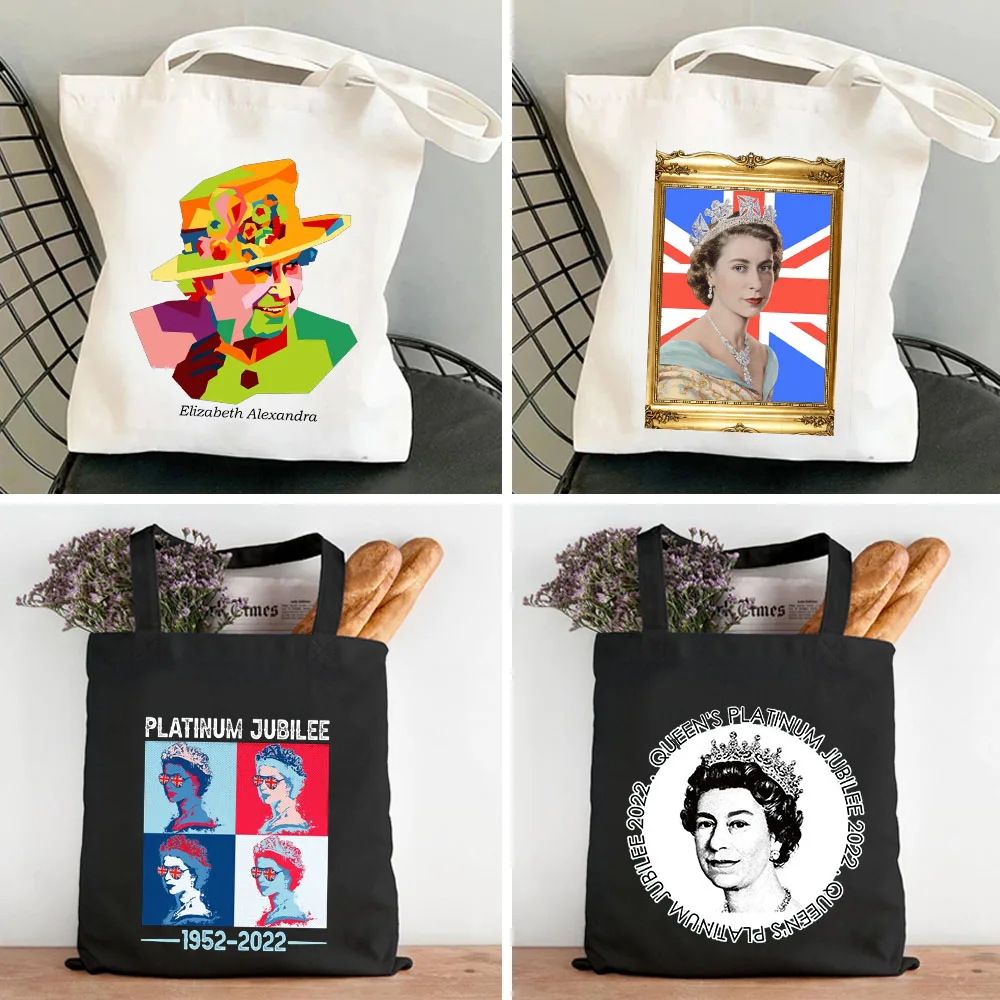 Queen Elizabeth II England Flag British Painting Women Canvas Shopper Bag Cotton Handbag Harajuku Tote Shoulder Eco Shopping Bag