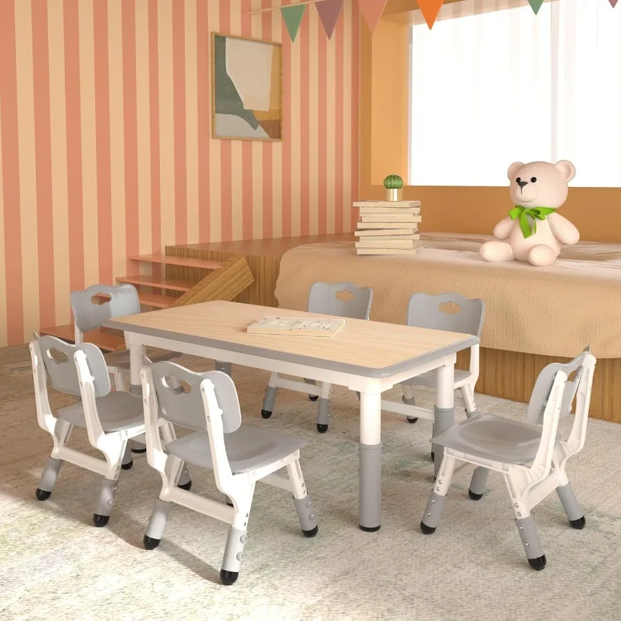 مجموعة طاولة و6 كراسي قابلة لتعديل الارتفاع مع سطح مكتب WipeClean 47.2x23.6 طاولة دراسة متعددة الأنشطة للأطفال الصغار مثالية للفئة