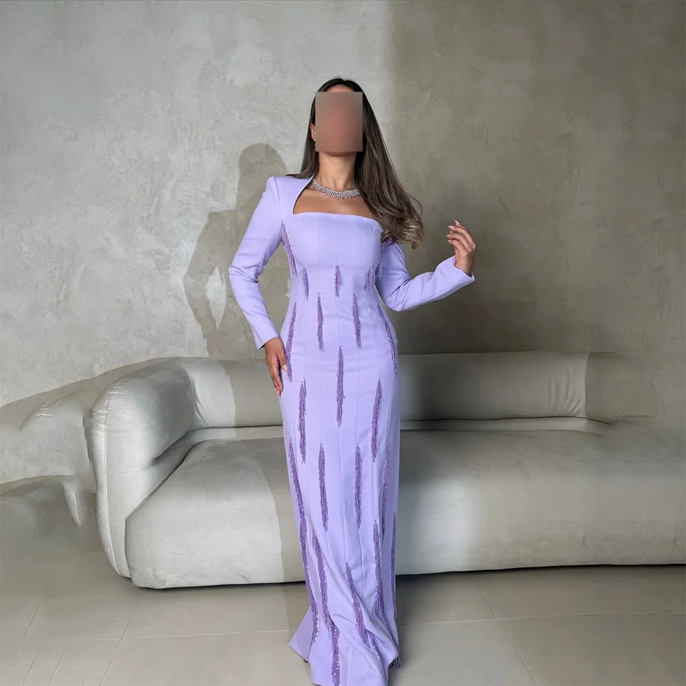 

Лавандовое вечернее платье с квадратным вырезом и длинными рукавами, трикотажные вечерние платья с кисточками длиной до пола, прямые платья для выпускного вечера по индивидуальному заказу