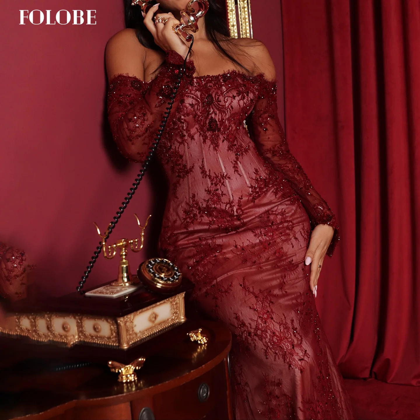 

FOLOBE Off Shoulder Evening Dresses Elegant Mermaid Wine Red Prom Gowns Lace Simple for Women Wedding Dress Customized